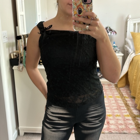 Vintage Y2K Top XS Ice Vanilla Black Embroidered Floral Swirly Bow Off Shoulder - Picture 1 of 5